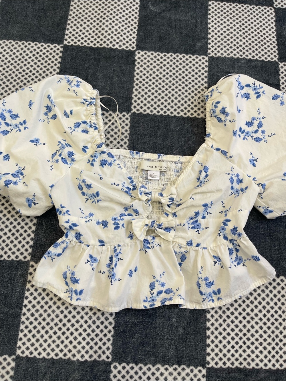 Women’s White Blouse with Blue Floral Print and Tie Front
